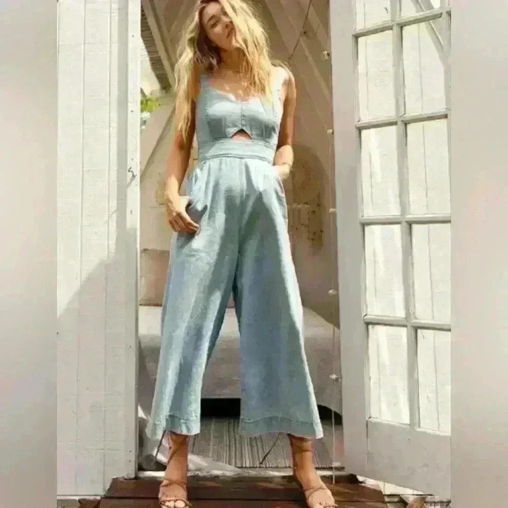 Aerie Keyhole Cutout Denim Wide Leg Jumpsuit - Picture 2 of 6